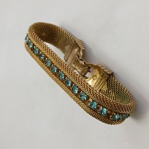 Signed Gold Mesh Aqua Inlay Bracelet Women's 7" Office Casual Career